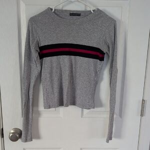 Brandy Melville Gray Long Sleeve with Navy and Red Stripes
